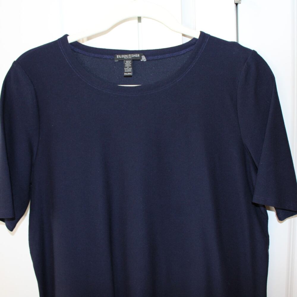 EILEEN FISHER Navy Blue Shirt Dress Stretch Crepe Short Sleeve Zip Side | MP - Picture 4 of 8
